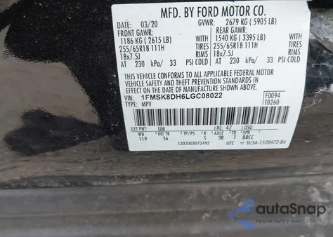 2020 Ford Explorer Xlt из США, поврежденный, VIN 1FMSK8DH6LGC08022